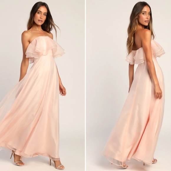 LULU's Romantic Elegant Prom Wedding Off the Shoulder Light Pink Flowy Maxi - Picture 1 of 5